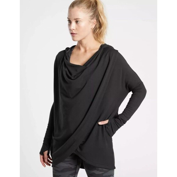 ATHLETA Purana Wrap Sweatshirt Size M Black Athleisure Modal Blend Stretch - Picture 1 of 16